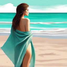 A high-quality digital art piece capturing a young woman with brown hair, draped in a damp towel on a sandy beach