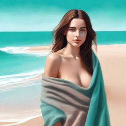 A high-quality digital art piece capturing a young woman with brown hair, draped in a damp towel on a sandy beach