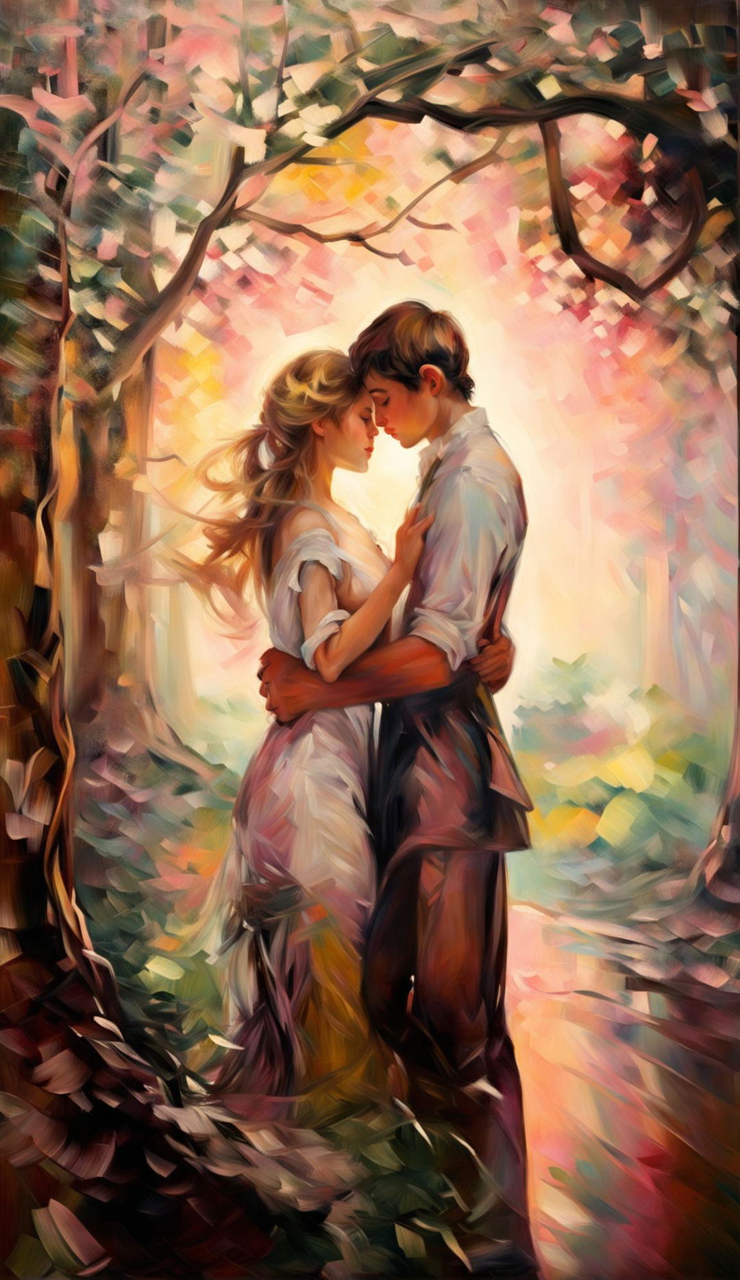 Impressionistic painting of a young couple courting under overhanging trees in the distance, set against a landscape bathed in painted light with blurry brushstrokes, displayed in a museum art gallery.