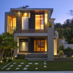 Modern house on a 137 square yard plot, intricate architectural details, landscaped front yard, evening lighting