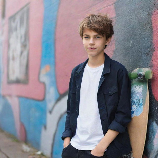 A 14-year-old boy dressed in cool and trendy casual clothes, with a stylish haircut, leaning against a graffiti wall while holding a skateboard.