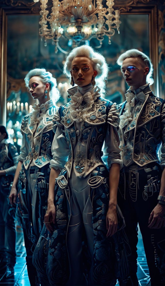 Cyber-organic individuals in Rococo-style clothing in an opulent ballroom.