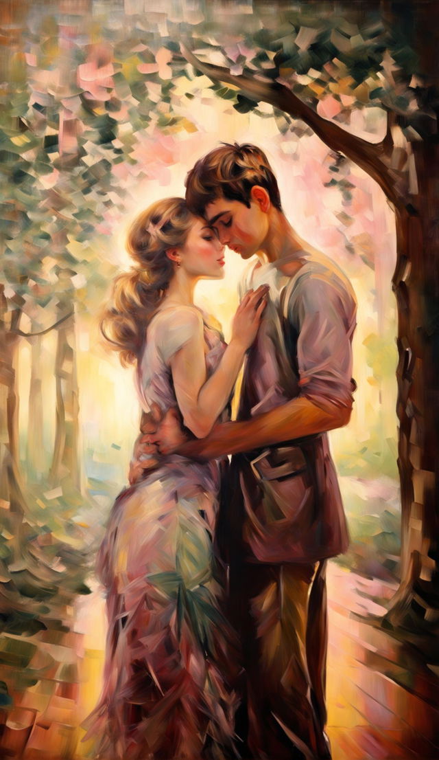 Impressionistic painting of a young couple courting under overhanging trees in the background, set against a landscape bathed in painted light with blurry brushstrokes, displayed in a museum art gallery.