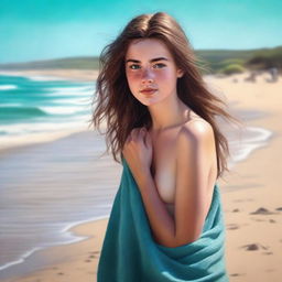 An ultra-realistic digital painting portraying an 18-year-old girl with brown hair on a sandy beach