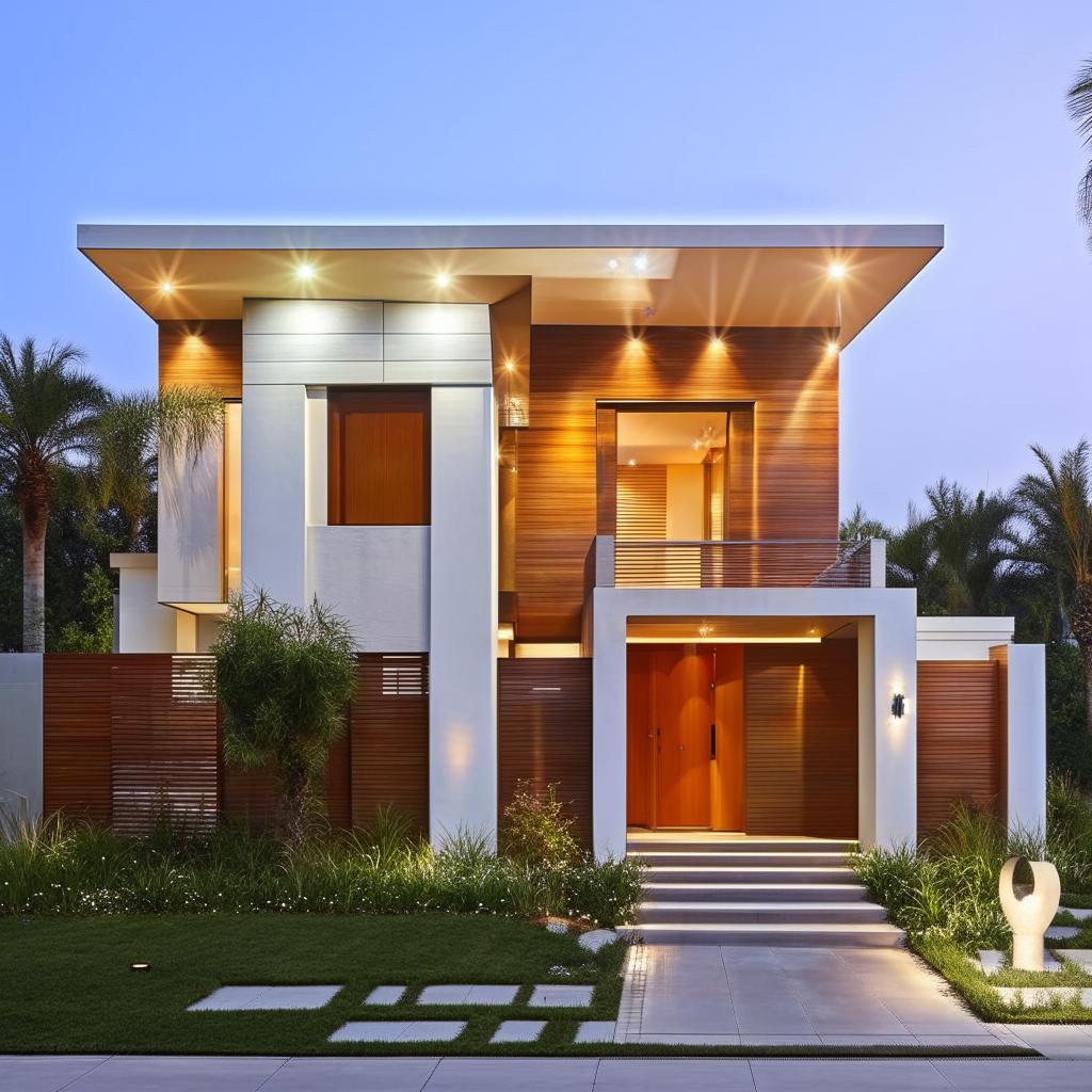 Modern house on a 137 square yard plot, intricate architectural details, landscaped front yard, evening lighting