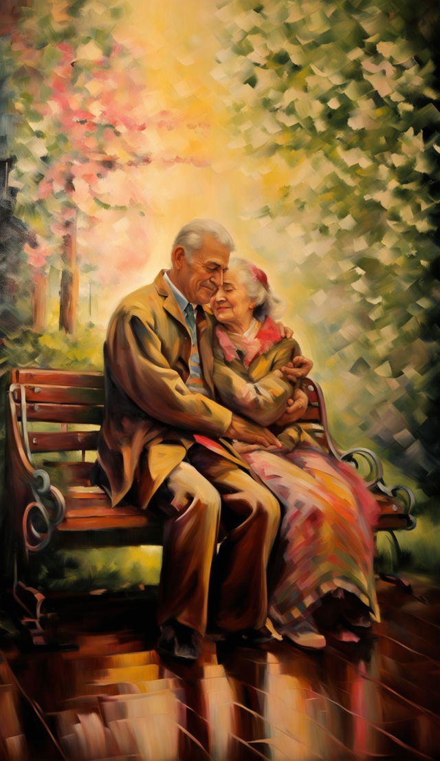 Impressionistic painting of an old couple sitting on a park bench, set against a landscape bathed in painted light with blurry brushstrokes, displayed in a museum art gallery.