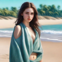 A highly detailed, realistic digital painting showcasing an 18-year-old girl with brown hair and a pronounced figure, on a sandy beach