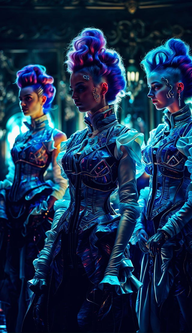 Cyber-organic individuals with bright colored hair and clothing in Rococo-style in a grand ballroom.