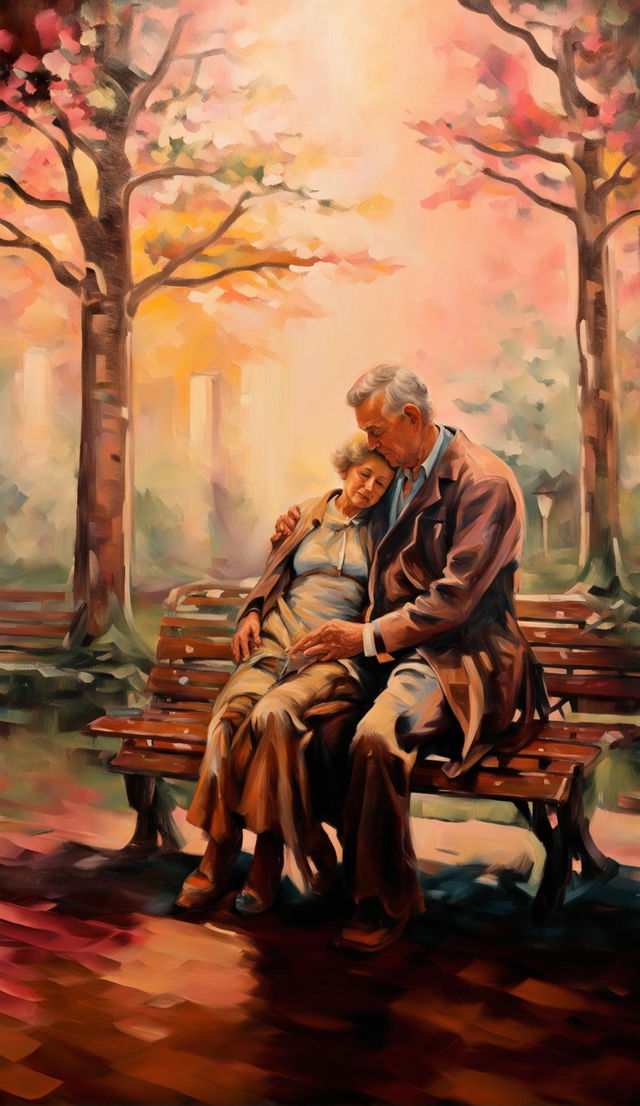 Impressionistic painting of an old couple sitting on a park bench 10 meters away, set against a landscape background bathed in painted light with blurry brushstrokes, displayed in a museum art gallery.