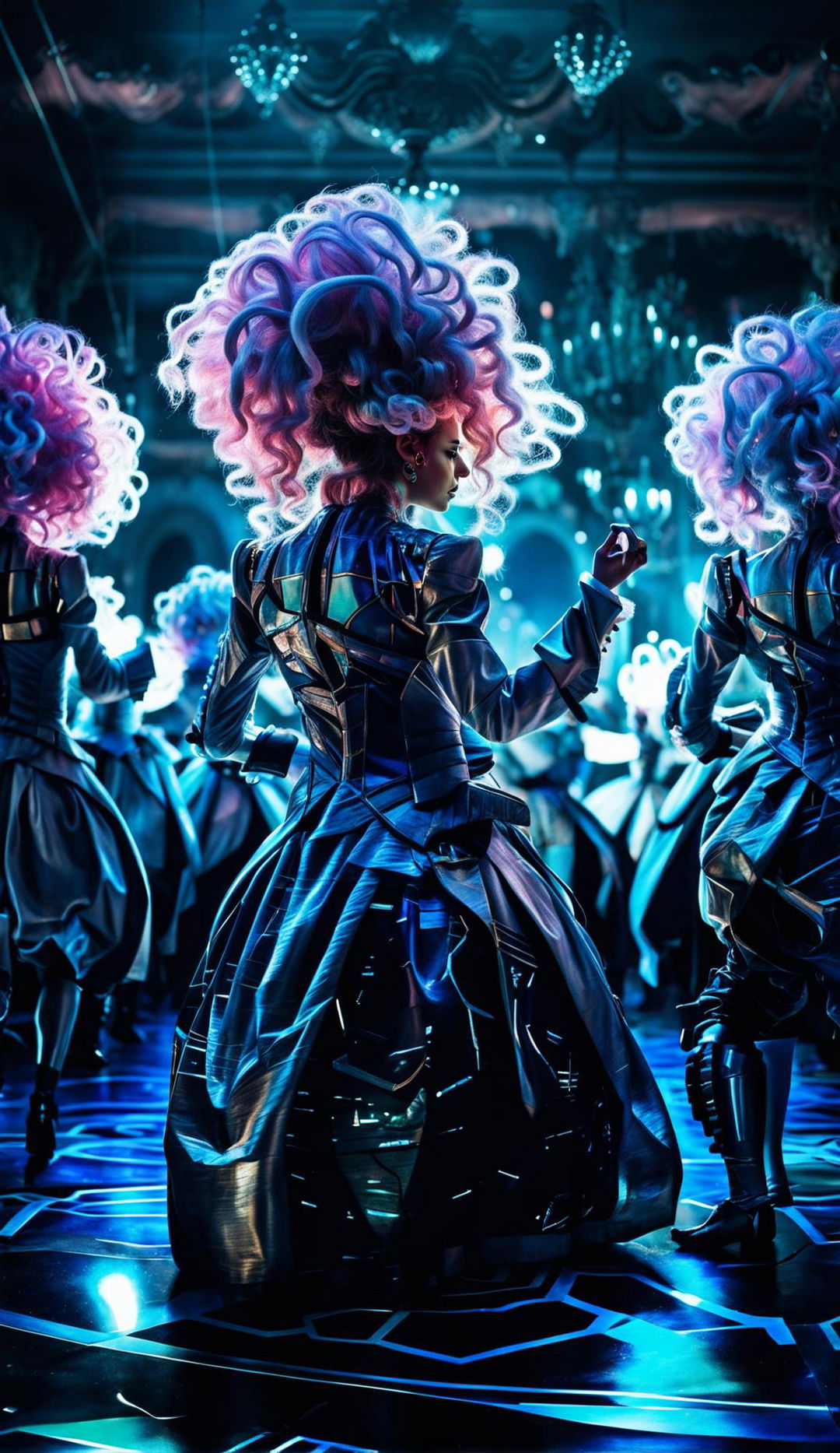 Cyber-organic individuals with bright colored hair and clothing in Rococo-style performing a dramatic dance in a grand ballroom.