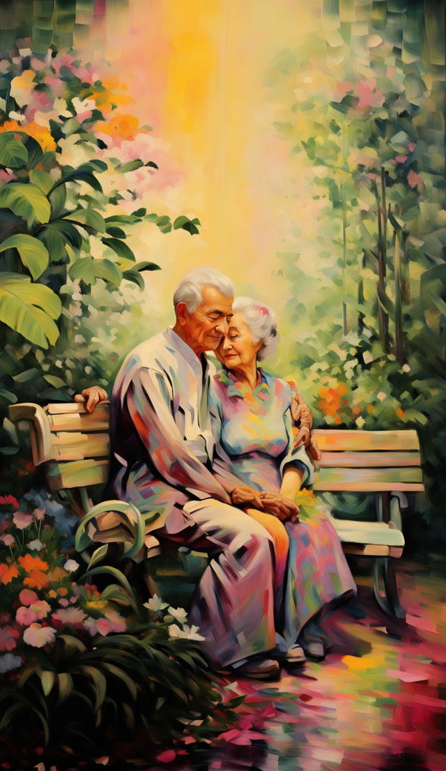 Impressionistic painting of an old couple sitting on a park bench at the end of a botanical garden path, set against a landscape background bathed in painted light with blurry brushstrokes, displayed in a museum art gallery.