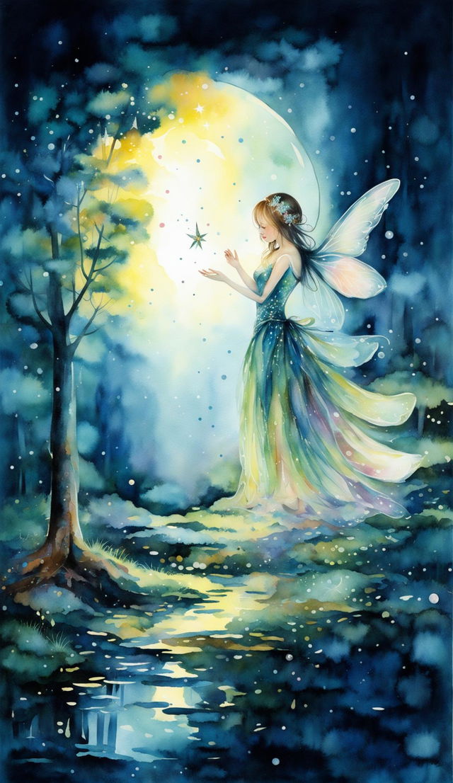 An abstract watercolour painting with detailed brush strokes and intricate details of a fairy sprinkling stardust under the moonlight in a dense forest.