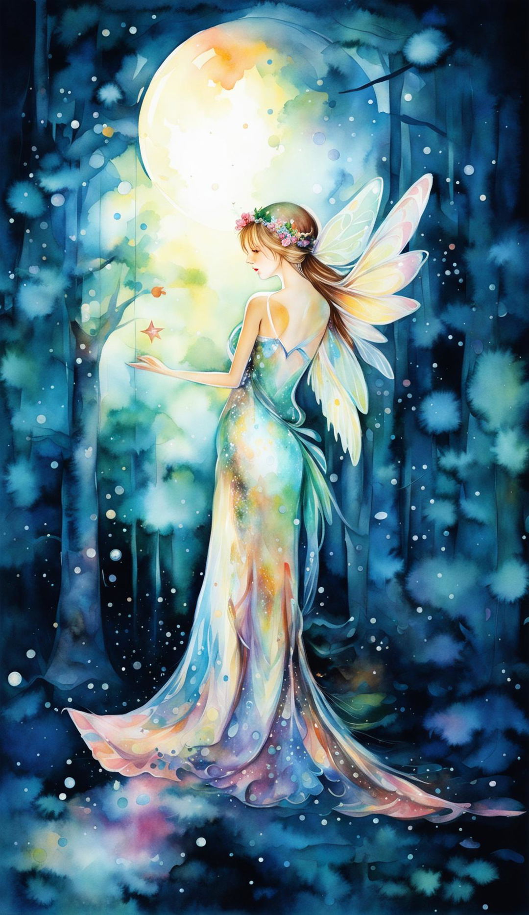 A cubist abstract watercolour painting with detailed brush strokes and intricate details of a fairy sprinkling stardust under the moonlight in a dense forest.