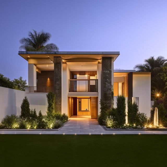 Modern house on a 137 square yard plot, intricate architectural details, landscaped front yard, evening lighting