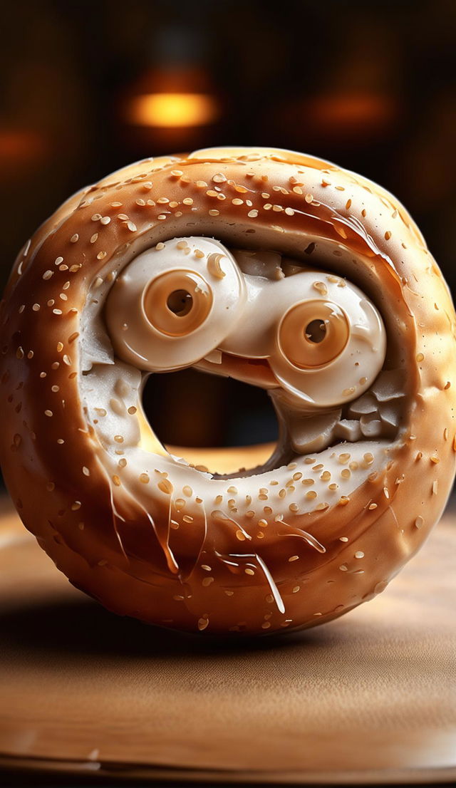 A hyper-realistic 3D image of a living bagel with expressive eyes, a cute nose, and a friendly smile.