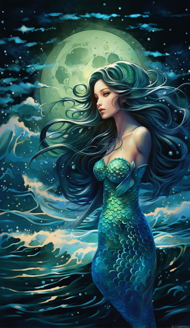 A sun-kissed mermaid emerging from a moonlit ocean with her iridescent tail glistening with seawater.