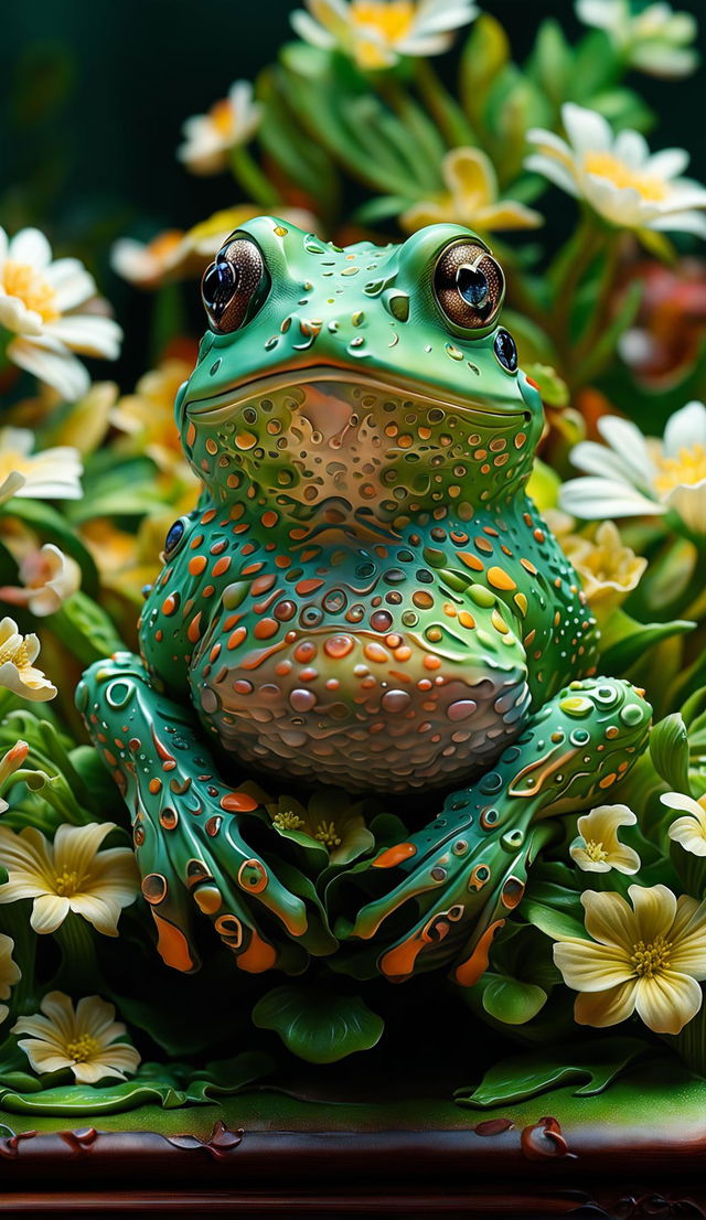 A hyper-realistic 3D image of a rococo-inspired frog with big eyes and vibrant colours amidst a floral background.