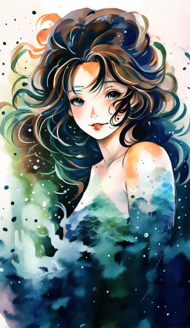 Traditional Japanese art of a brown-skinned mermaid with blurry brush strokes.