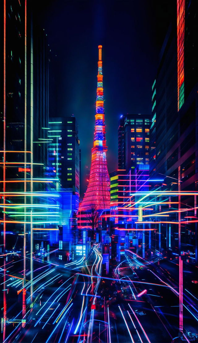 Long exposure photograph of Tokyo's nightlife with neon lights illuminating the cityscape.