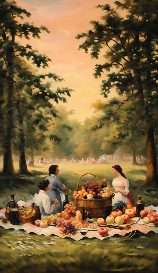 Impressionistic painting of an 1800s park scene with a picnic, bathed in painted light with blurry brushstrokes.