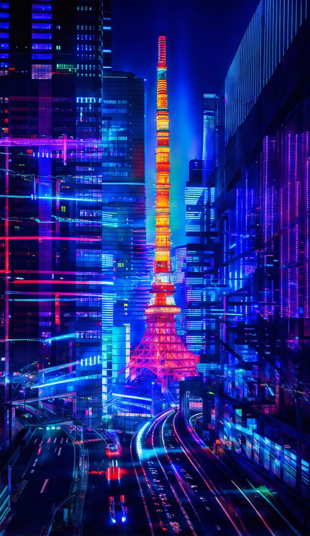 Futuristic Tokyo cityscape at night with neon lights and advanced technology.