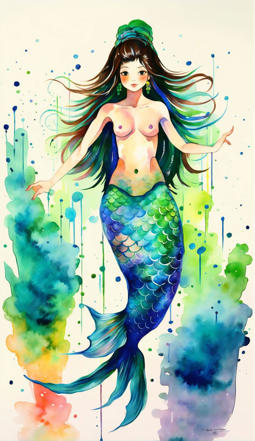 Full body portrait of a brown-skinned mermaid in traditional Japanese art style with blurry brush strokes.