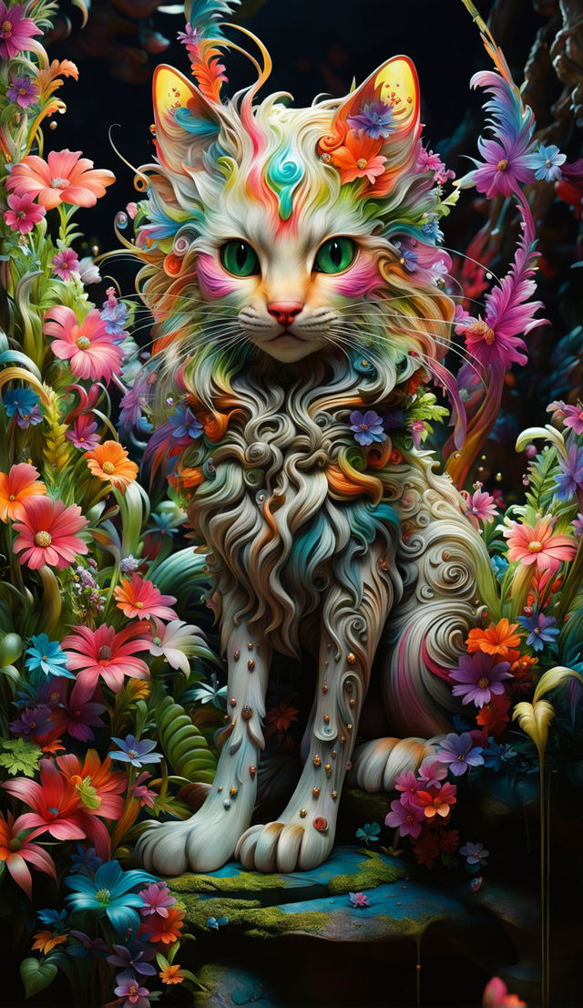 A hyper-realistic 3D rococo fantasy alien cat hybrid in a vibrant mythical forest filled with fantastical flowers and fairy-like creatures, radiating happiness and wonder.