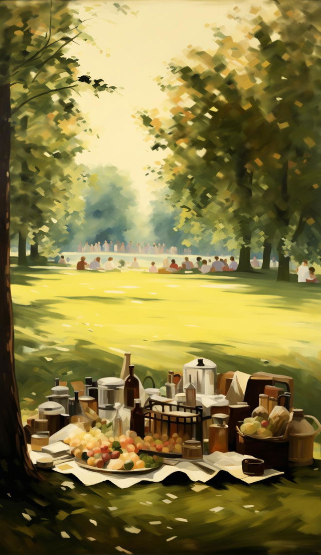 Painted light, blurry brushstrokes, impressionistic art, 1800s park ,background features upper class 1800s picnic