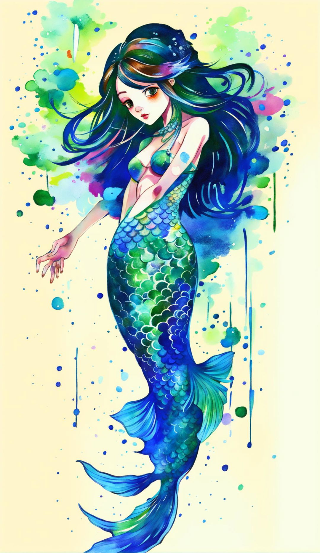 Full body portrait of a brown-skinned mermaid underwater, depicted in traditional Japanese art style with blurry brush strokes.