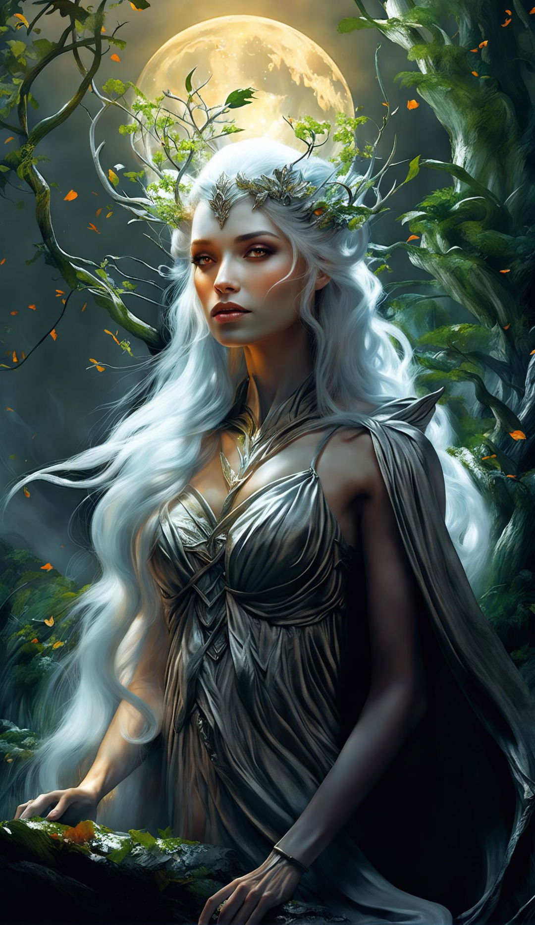 Digital art of Galadriel, the Elf queen in a wild natural setting. Her golden-silver hair shimmers under moonlight, her eyes hold wisdom and mystery.