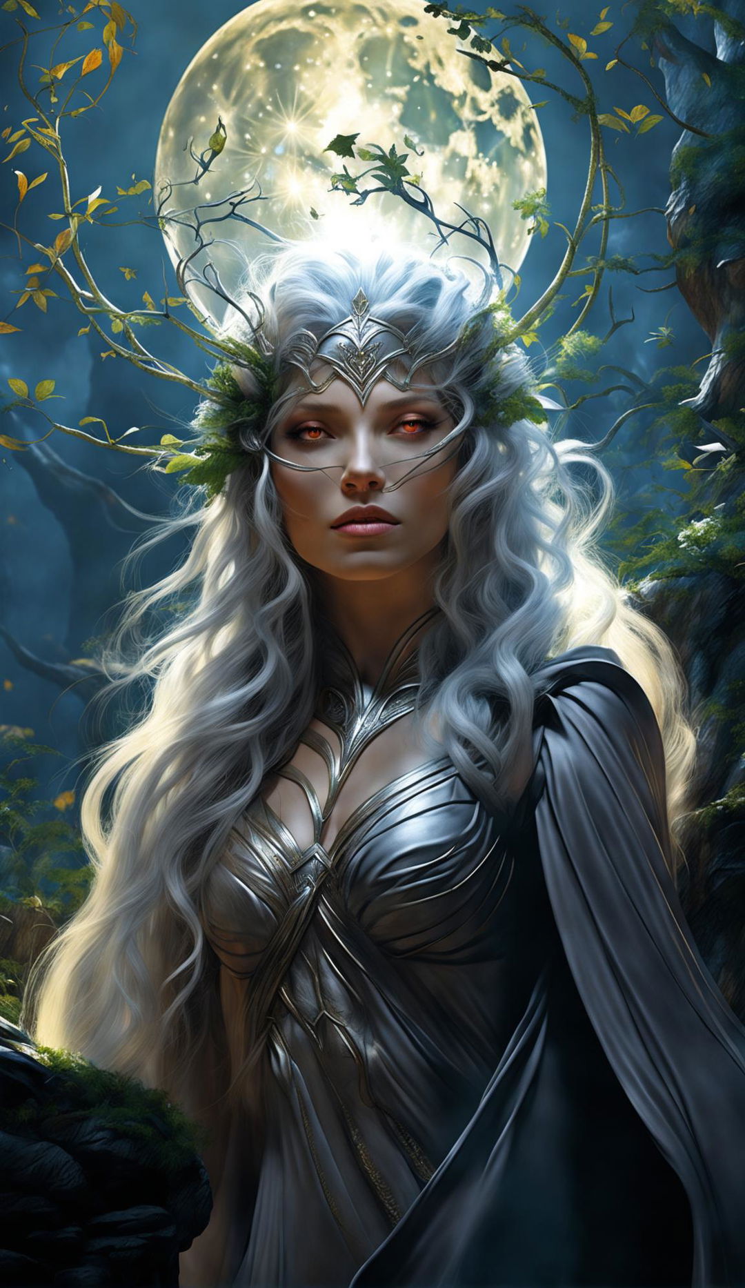 Digital art of Galadriel, the Elf queen in a wild natural setting. Her golden-silver hair shimmers under moonlight, her eyes hold wisdom and mystery.