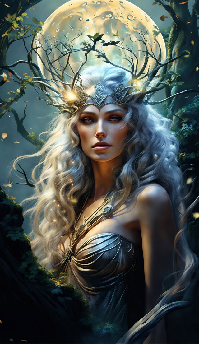 Digital art of Galadriel, the Elf queen in a wild natural setting. Her golden-silver hair shimmers under moonlight, her eyes hold wisdom and mystery.