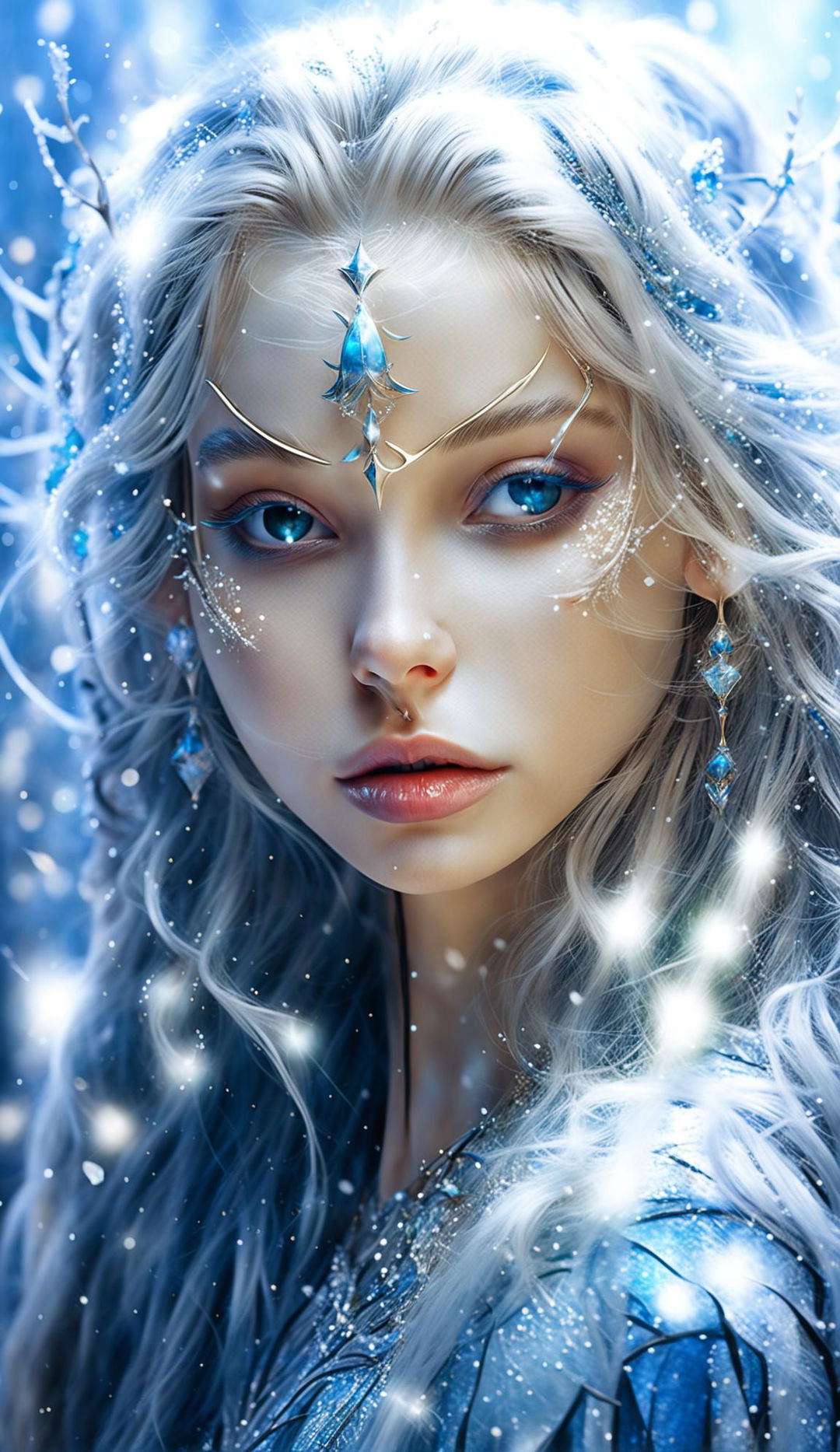 A detailed CGI portrait of an elven princess in contemplation amidst falling snowflakes, her face glowing with otherworldly beauty.