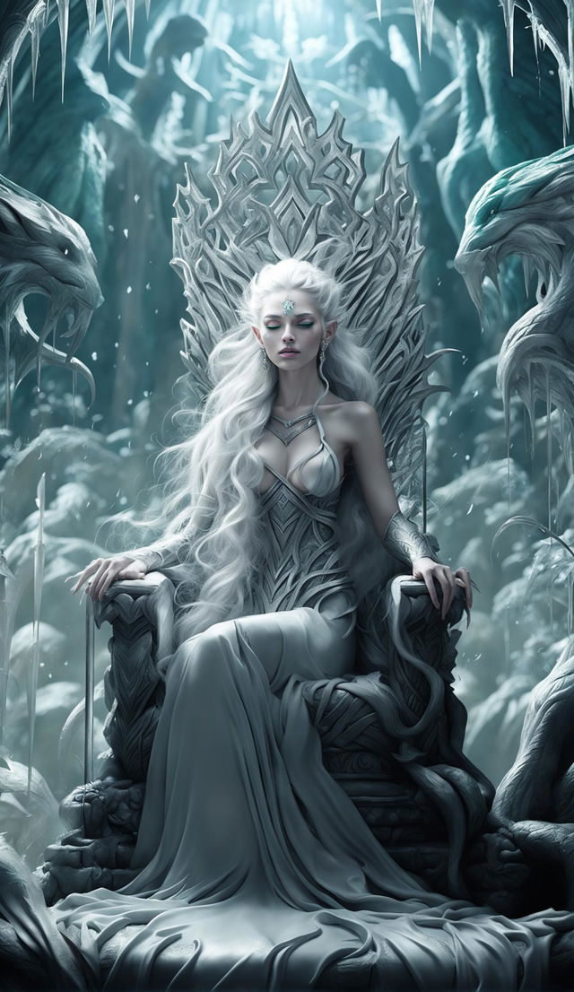 A CGI photograph of an awe-inspiring elf goddess seated on an intricately carved throne of ice, surrounded by towering ice sculptures.