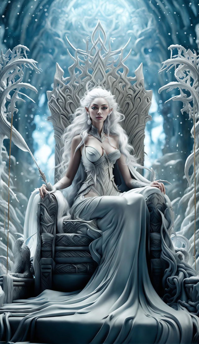 A high-resolution, intricately detailed CGI image of a stunningly beautiful elf goddess seated on a majestic throne of ice, surrounded by elaborate ice sculptures.