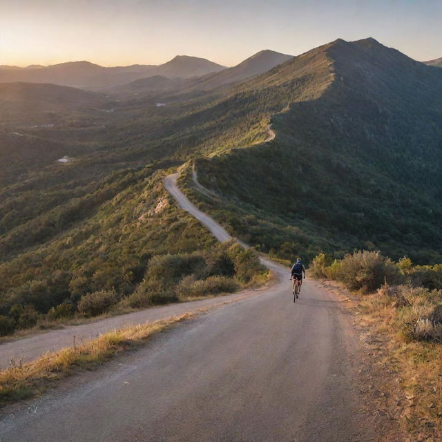 A lone cyclist on a scenic mountain road at sunset, with panoramic views of the wilderness around.