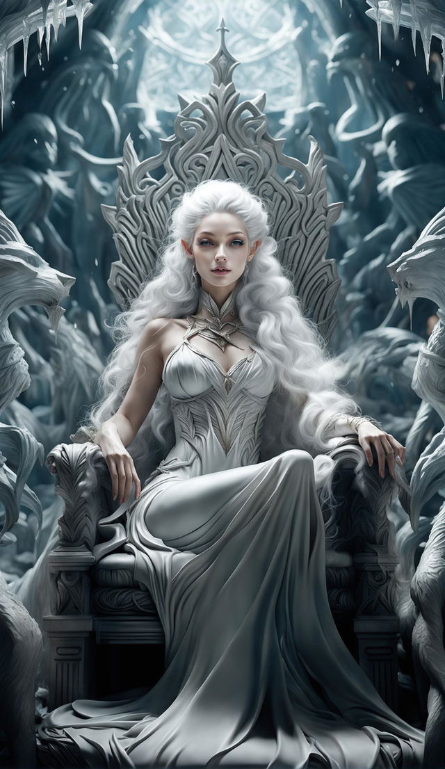 A hyper-realistic CGI photograph of an elf goddess on an exquisitely detailed ice throne, surrounded by intricate ice sculptures, evoking a sense of awe and emotion.