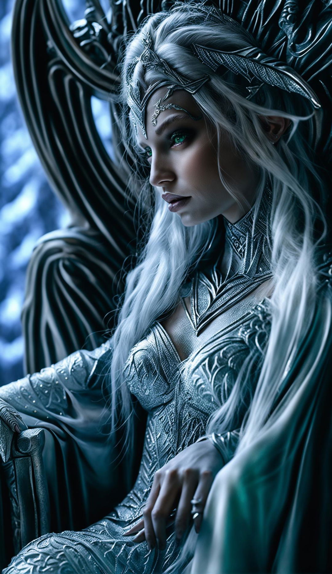 A close-up, vogue-style CGI photograph of an elf goddess, her right hand restored, with dramatic lighting and composition.