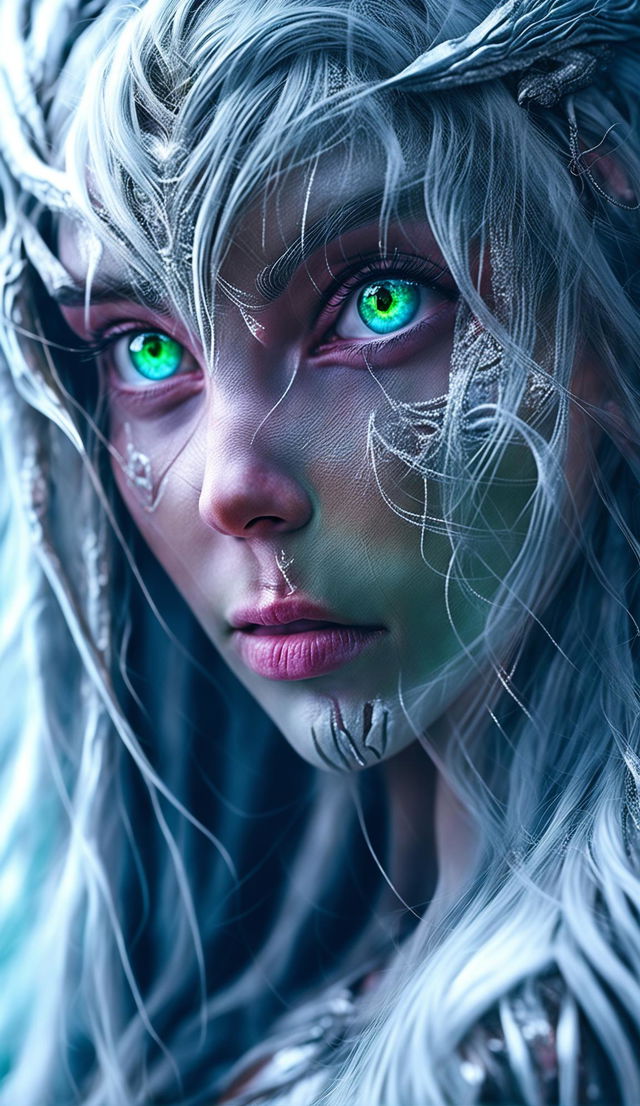 An ultra-high resolution CGI close-up of the elf goddess's face, capturing her ethereal beauty and ancient wisdom.