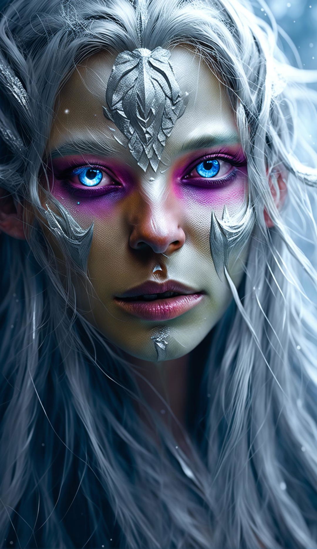 A hyper-realistic CGI close-up of the elf goddess's face, featuring a single mole under her eye, capturing her ethereal beauty and ancient wisdom.