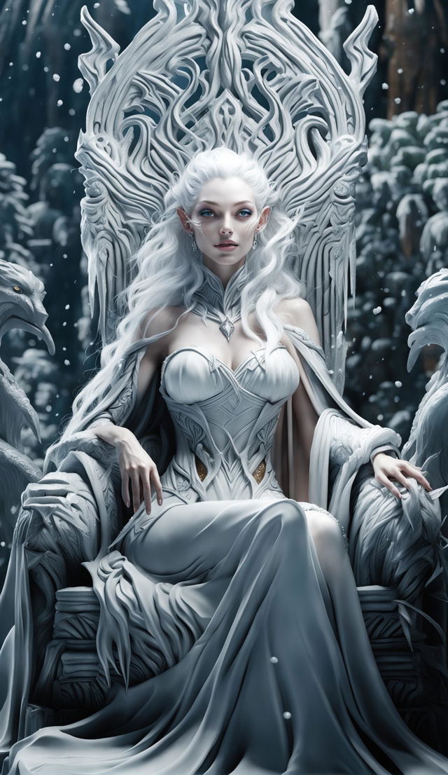 A hyper-realistic CGI image of an even more beautiful elf goddess amidst a flurry of falling snow, capturing her ethereal beauty and ancient wisdom.