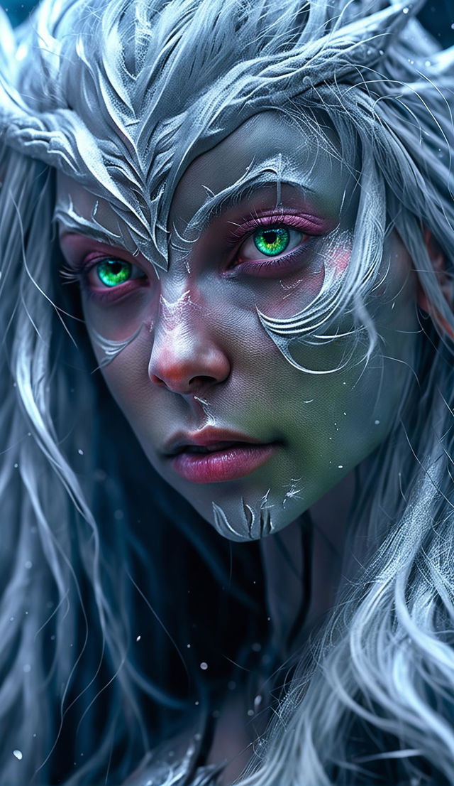 A higher resolution, more intricately detailed CGI close-up of the elf goddess's face, with more intense eyes, improved lighting and composition.