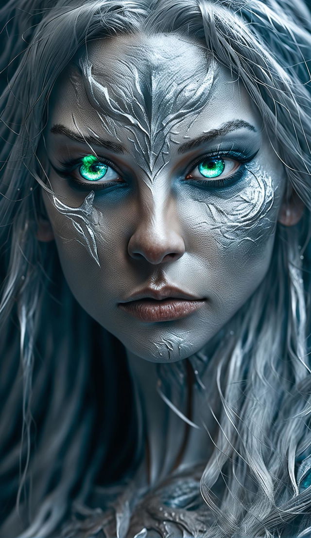 A hyper-realistic CGI close-up of the elf goddess's face, with more intense eyes and a more symmetrical, traditionally beautiful and alluring appearance.