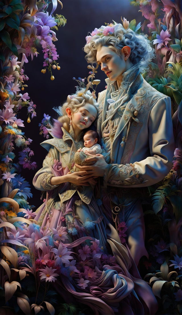 Hyper-realistic 3D Rococo elf family in a vibrant, mythical forest with light filtering through the trees and a flower aesthetic.