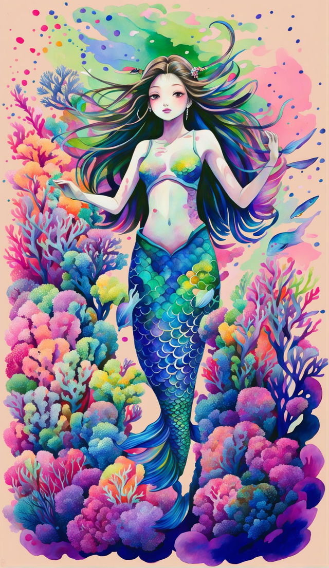 Full body portrait of a brown-skinned mermaid submerged underwater, surrounded by a coral reef in traditional Japanese art style with blurry brush strokes.