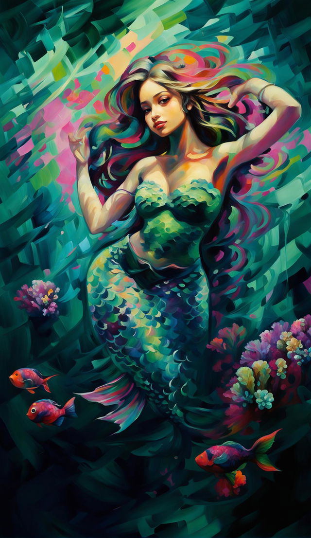 Impressionist painting of a brown-skinned mermaid submerged underwater, surrounded by a coral reef with blurry brush strokes.