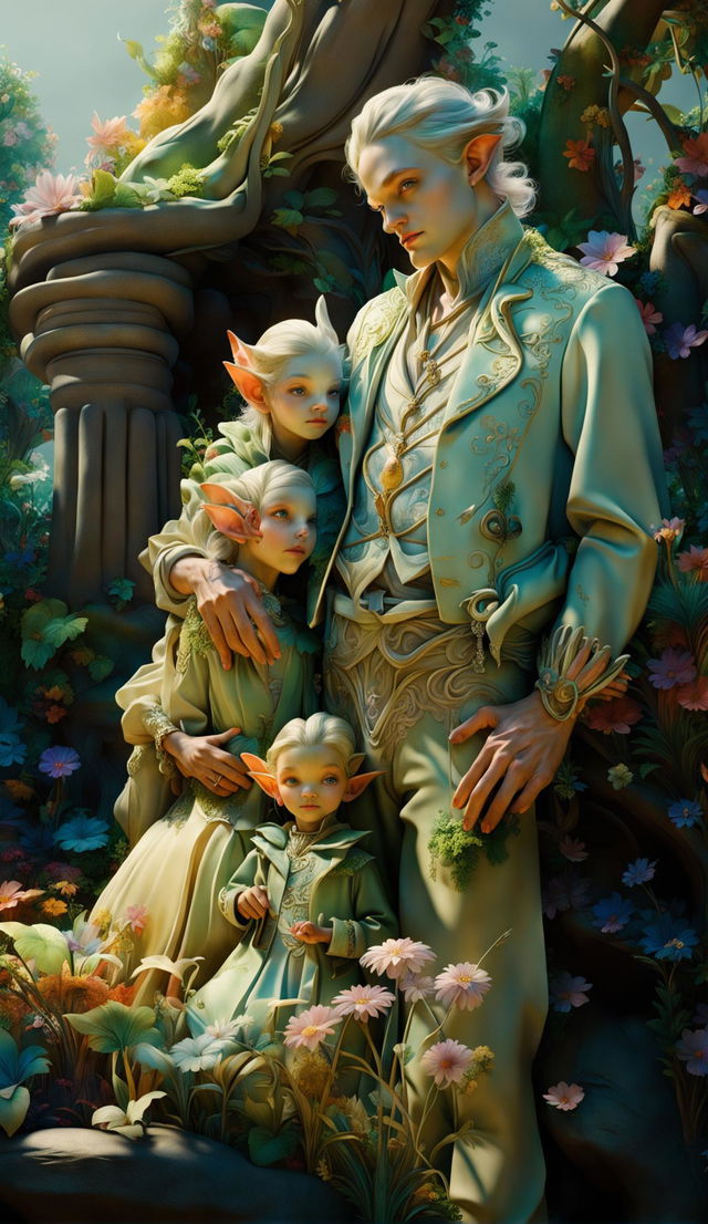 A hyper-realistic 3D image of a Rococo-styled elf family in a vibrant, mythical forest with sunlight filtering through the trees and a floral aesthetic.