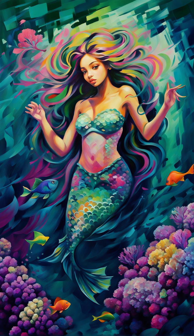 Impressionist painting of a brown-skinned mermaid submerged underwater, surrounded by a coral reef with blurry brush strokes.