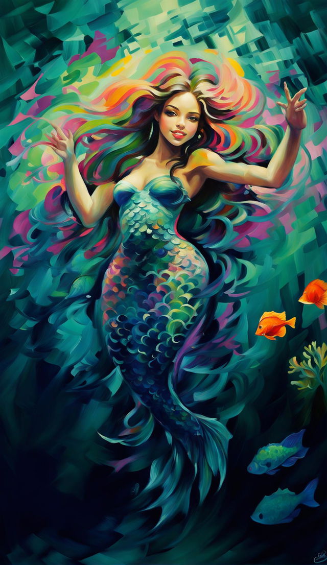 Impressionist painting of a brown-skinned mermaid with a long tail, submerged underwater and surrounded by a coral reef with blurry brush strokes.