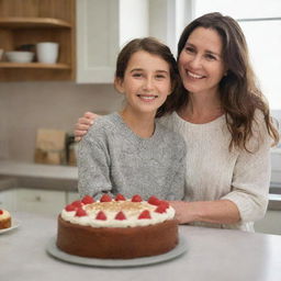 A heartwarming scene of a mother and daughter in the kitchen, smiling as they display a freshly baked cake they made together.